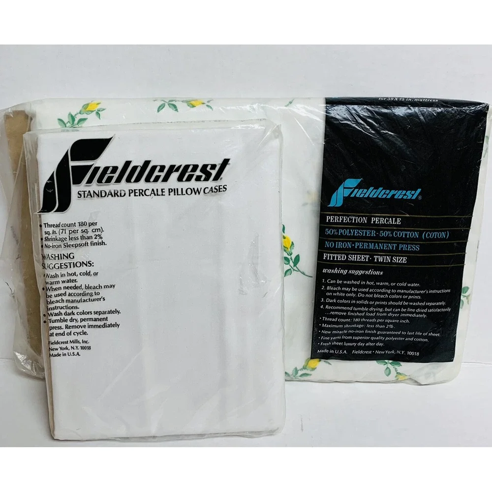 Vtg Fieldcrest Percal Fitted Twin Sheet & 2 Pillowcases Yellow Green Roses NEW